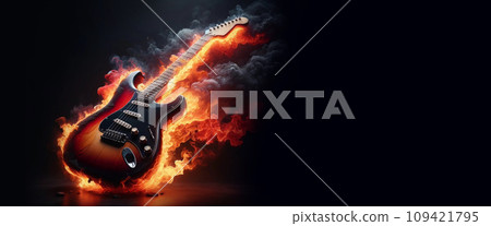 Electric Guitar Burning on Black Background, Copy Space. Electric Guitar Burning on Black Background, Copy Space. 109421795
