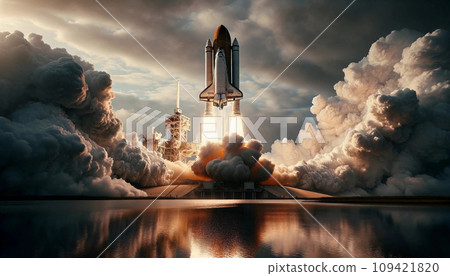 Rocket takes off into the sky. Lots of smoke and gas. 109421820