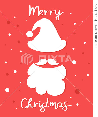 Merry Christmas quote with Santa Claus hat, beard and mustache silhouette on red background. Vector illustration 109421889