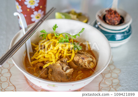 Khao Soi Gai, a popular dish at Lamai Khao Soi restaurant in Lamphun Khao Soi Gai, a popular dish at Lamai Khao Soi restaurant in Lamphun 109421899