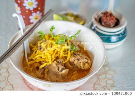 Khao Soi Gai, a popular dish at Lamai Khao Soi restaurant in Lamphun Khao Soi Gai, a popular dish at Lamai Khao Soi restaurant in Lamphun 109421900