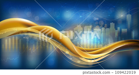 Abstract infographic with golden elements on a blue background. 109422019