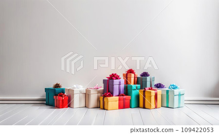 Multi-colored gift boxes in an empty room. Concept gifts for birthdays, holidays 109422053
