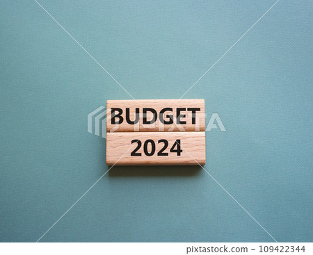 Budget 2024 symbol. Wooden blocks with words Budget 2024. Beautiful grey green background. Business and Budget 2024 concept. Copy space. 109422344