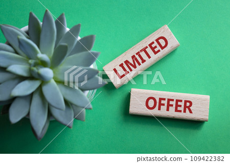 Limited Offer symbol. Concept word Limited Offer on wooden blocks. Beautiful green background with succulent plant. Business and Limited Offer concept. Copy space 109422382