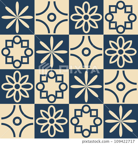 A pattern with flowers and geometric shapes. Seamless pattern with the image of flowers and various geometric shapes in a square. Floral pattern for printing. Vector A pattern with flowers and geometric shapes. Seamless pattern with the image of flowers and various geometric shapes in a square. Floral pattern for printing. Vector 109422717