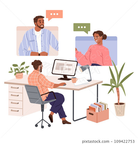 Video conference. Vector illustration. The video call brings people face-to-face despite being miles apart Video calling fosters sense personal connection in remote conversations Video calling Video conference. Vector illustration. The video call brings people face-to-face despite being miles apart Video calling fosters sense personal connection in remote conversations Video calling 109422753