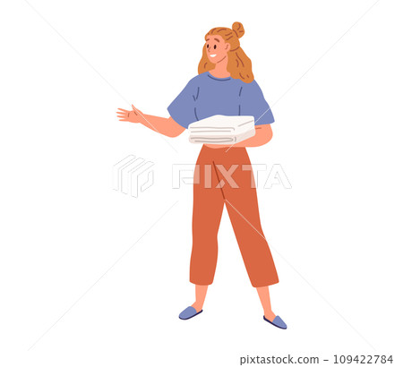 Woman holding bathroom towels pile. Female character with stack of folded textile, fabric or napkins. Cotton face and body cloth washing. Clothes cleaning, launderying, housekeeping, garment care Woman holding bathroom towels pile. Female character with stack of folded textile, fabric or napkins. Cotton face and body cloth washing. Clothes cleaning, launderying, housekeeping, garment care 109422784