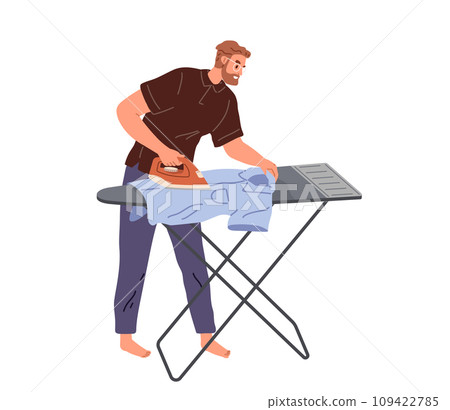 Man ironing t-shirt in board isolated character. Vector husband doing housework household chores, housekeeping, person with iron electric appliance standing in casual cloth. Routine home work, laundry Man ironing t-shirt in board isolated character. Vector husband doing housework household chores, housekeeping, person with iron electric appliance standing in casual cloth. Routine home work, laundry 109422785