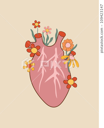 Groovy heart, daisy, flower perfect for Hippie 60s-70s themed posters, greeting cards stickers, covers, t-shirt prints, and party invitations. Vector Groovy heart, daisy, flower perfect for Hippie 60s-70s themed posters, greeting cards stickers, covers, t-shirt prints, and party invitations. Vector 109423147