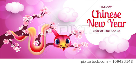 Happy Chinese New Year of the snake banner, with cute cartoon snake on the branch of cherry blossom tree Happy Chinese New Year of the snake banner, with cute cartoon snake on the branch of cherry blossom tree 109423148
