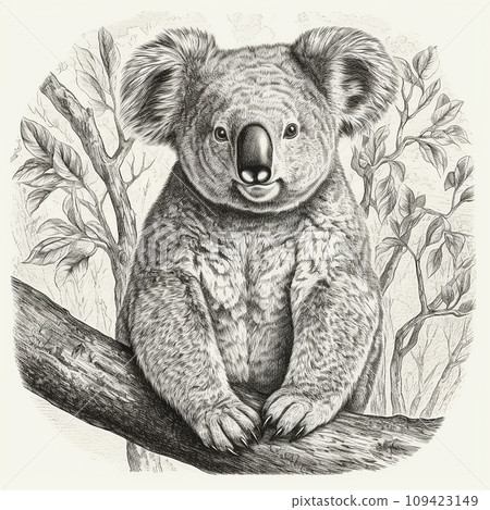 Koala, Phascolarctos cinereus, australian marsupial eucalyptus bear, cute animal, black and white drawing, portrait, engraving style Koala, Phascolarctos cinereus, australian marsupial eucalyptus bear, cute animal, black and white drawing, portrait, engraving style 109423149