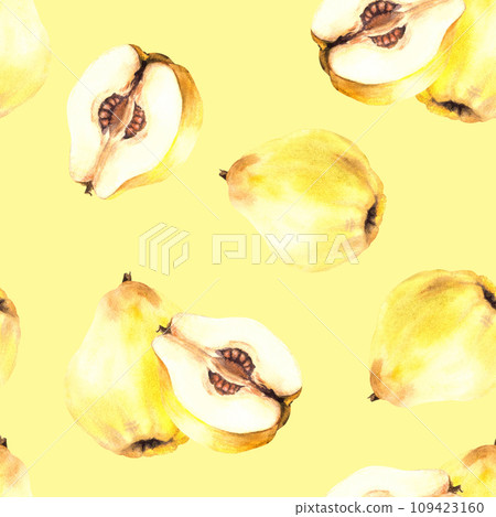 Watercolor hand painted seamless pattern of yellow ripe juicy quince whole, cut fruits with seeds inside. Illustration Repeating design for wrapping paper, wallpaper, cover. Isolated yellow background Watercolor hand painted seamless pattern of yellow ripe juicy quince whole, cut fruits with seeds inside. Illustration Repeating design for wrapping paper, wallpaper, cover. Isolated yellow background 109423160