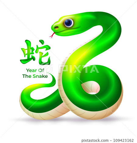 Chinese New Year 2025 sign, with cute green cartoon snake, (translation : year of the snake) 109423162