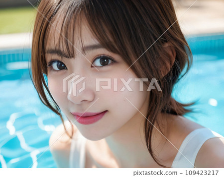 “AI generated image” of a woman with long hair smiling in the pool 109423217