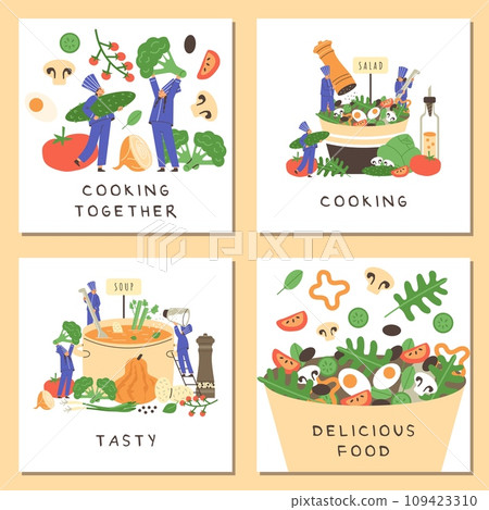 Posters set of professional chefs cooking delicious food, flat vector illustration. 109423310