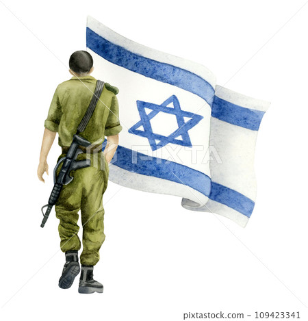Israel IDF soldier with flag watercolor illustration isolated on white background illustration. Jewish Memorial day, Yom HaZikaron and haShoah Israel IDF soldier with flag watercolor illustration isolated on white background illustration. Jewish Memorial day, Yom HaZikaron and haShoah 109423341