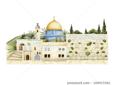 Western Wall and Dome of the Rock in old town of Jerusalem watercolor illustration isolated on white background. Cityscape of Israel capital city 109423362