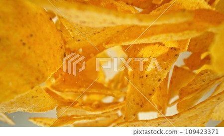 Freeze Motion of Falling Fried Tortilla Chips. Freeze Motion of Falling Fried Tortilla Chips. 109423371
