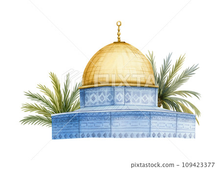 Mosque Dome of the Rock with palm trees in Jerusalem watercolor illustration Isolated on white background. Qubbat as Sakhra in Al Aqsa on Temple Mount in Israel 109423377