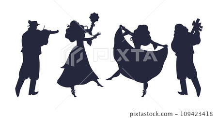 Silhouettes of gypsy people set performing folk dances, vector isolated. 109423418