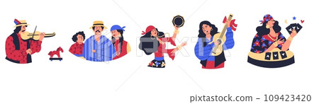 Traditional and vibrant gypsy people characters set vector illustration isolated. Traditional and vibrant gypsy people characters set vector illustration isolated. 109423420