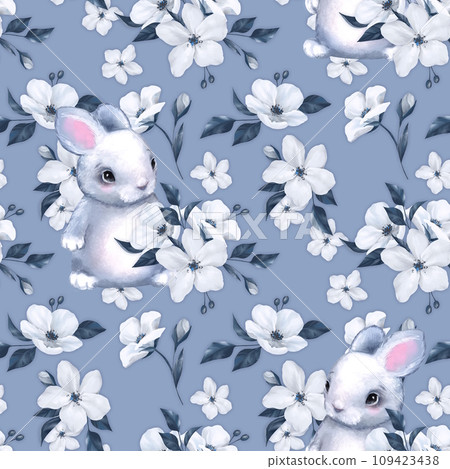 Cute bunny with white flowers. Spring floral seamless pattern. Blue background. 109423438