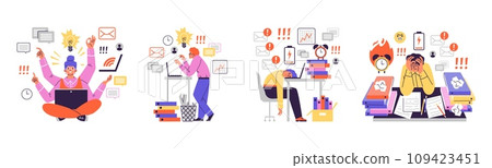 People at work with good and bad time management, flat vector illustration isolated on white background. People at work with good and bad time management, flat vector illustration isolated on white background. 109423451