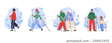 Diverse people nordic walking with poles, set of flat vector illustrations isolated on white background. Diverse people nordic walking with poles, set of flat vector illustrations isolated on white background. 109423455