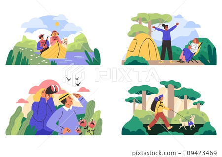 Ecotourism banners or screen designs set, flat vector illustration isolated. Ecotourism banners or screen designs set, flat vector illustration isolated. 109423469