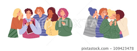 People discussion meeting, gossip together, women two group and man telling, whispering secrets vector illustration 109423478