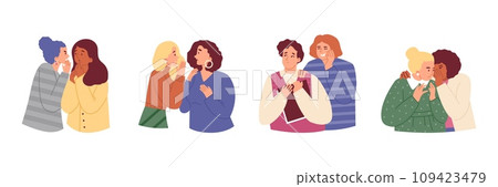 Set of diverse people whispering in ear and spreading rumors, flat vector illustration isolated on white background. 109423479
