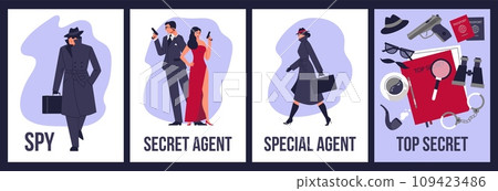 Secret agent and spy posters set, flat vector illustration. Secret agent and spy posters set, flat vector illustration. 109423486