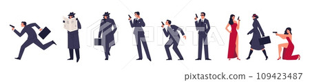 Set of men and women secret agents in different poses flat style Set of men and women secret agents in different poses flat style 109423487