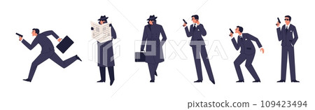 Vector illustrations set of haunts, security, wiretapping, pursuit missions special secret agent armed with pistol Vector illustrations set of haunts, security, wiretapping, pursuit missions special secret agent armed with pistol 109423494