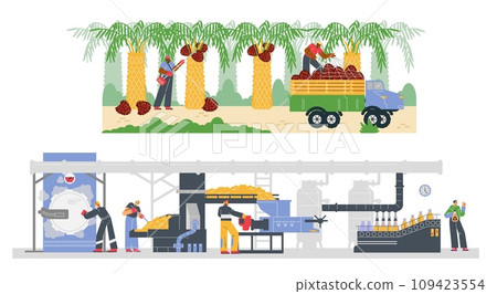 People harvesting palm oil fruits and work in factory flat style, vector illustration 109423554