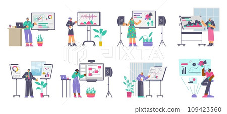 Presenters or speakers pointing at presentation board flat vector isolated. 109423560