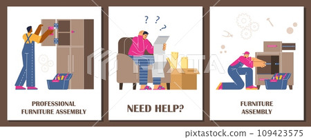 Vector posters set of professional furniture assembly service, worker assembling closet, man need help with manual 109423575