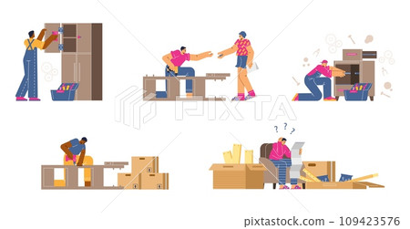 Professional furniture assembly service vector illustrations set, home furniture construction, cartoon male repairman 109423576