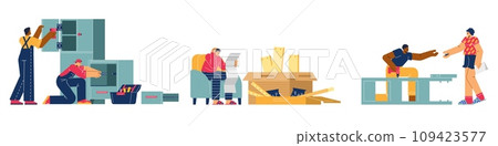 Set of diverse people assembling furniture, flat vector illustration isolated on white background. 109423577