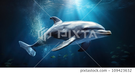 AI-generated content. Sea dolphin deep underwater in sunny rays. Ocean life, wildlife. Conservation species and population 109423632