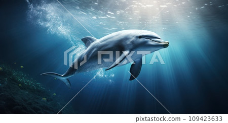 AI-generated content. Sea dolphin deep underwater in sunny rays. Ocean life, wildlife. Conservation species and population 109423633