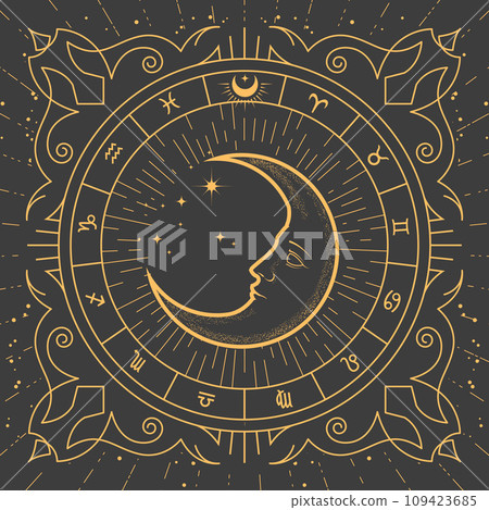 Half-moon inside ornamental frame, magic crescent in tarot style, zodiac signs and esoteric patterns, astrology mystic frame, vector Half-moon inside ornamental frame, magic crescent in tarot style, zodiac signs and esoteric patterns, astrology mystic frame, vector 109423685