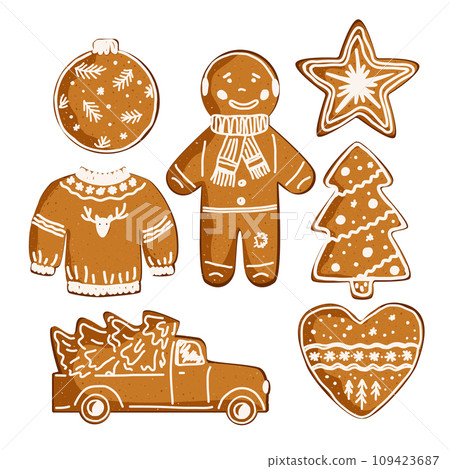 Christmas gingerbread cookies with doodle icing Christmas collection isolated on white, vector illustration. House, car, sweater, star, ginger man, and tree. Christmas gingerbread cookies with doodle icing Christmas collection isolated on white, vector illustration. House, car, sweater, star, ginger man, and tree. 109423687
