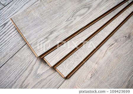 Wooden flooring product for home renovation, construction and interior architecture. Samples of laminate boards with pattern and wood texture for flooring and interior design. Wooden floor concept. Wooden flooring product for home renovation, construction and interior architecture. Samples of laminate boards with pattern and wood texture for flooring and interior design. Wooden floor concept. 109423699