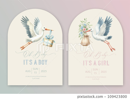 Cute baby shower watercolor invitation card with stork and bundle. Hello baby calligraphy. Cute baby shower watercolor invitation card with stork and bundle. Hello baby calligraphy. 109423800