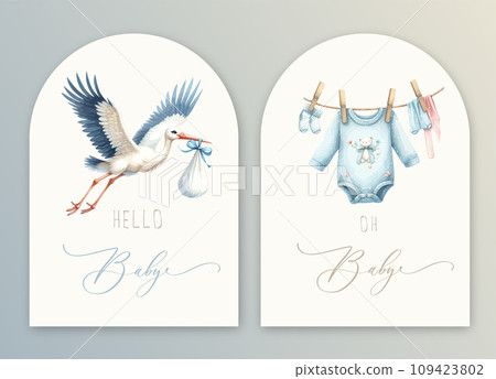 Cute baby shower watercolor invitation card with stork and bundle and newborn clothes. Hello baby calligraphy. Cute baby shower watercolor invitation card with stork and bundle and newborn clothes. Hello baby calligraphy. 109423802