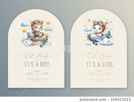 Cute baby shower watercolor arch invitation card with bear and rabbit pilot on an airplane. Hello baby calligraphy. 109423815