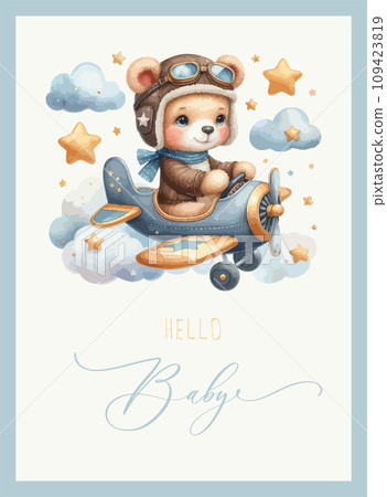 Cute baby shower watercolor invitation card with bear pilot on an airplane. Hello baby calligraphy. 109423819