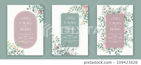 Weding card template with elegant greenery botanical leaf and branch. Weding card template with elegant greenery botanical leaf and branch. 109423826